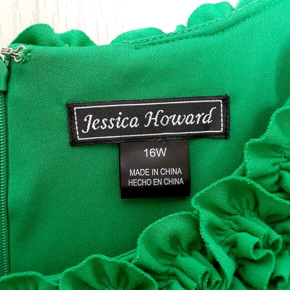 Jessica Howard Kelly Green Dress Size 16W Ruffle Frill Collar Short Sleeve - Picture 2 of 8